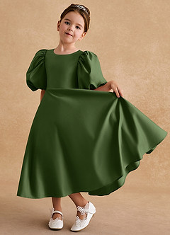 Azazie Sugarplum Robe Demoiselle D'honneur Fillette Robe Trapèze en Mat Satiné avec manches Olive image5