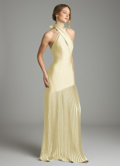 Azazie Nayeli Final Sale Lemon Sorbet A-Line Pleated Stretch Satin Dress image9