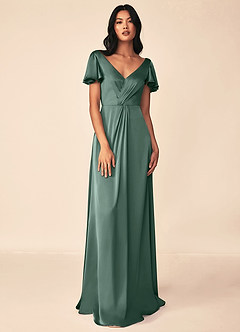 Azazie Soren Bridesmaid Dresses Eucalyptus A-Line Pleated Stretch Satin Dress image1