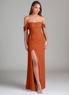 Azazie Amyra Vestidos de damas de honor Vestido de Naranja Quemada de Gasa de Corte Recto Convertible con Vestidos sin tirantes image3