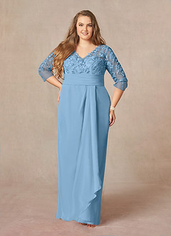 Azazie Joan Mother of the Bride Dresses Steel Blue Sheath V-Neck Lace Chiffon Dress image6