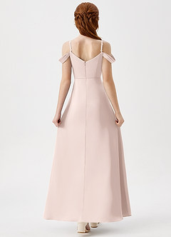 Azazie Ocean Junior Blushing Pink A-Line Off the Shoulder Stretch Satin Dress image2