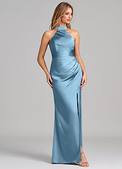 Azazie Karlotta Bridesmaid Dresses Steel Blue Sheath Pleated Stretch Satin Dress image5