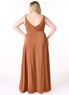 Azazie Dalilah Robes de demoiselle d'honneur Robe Trapèze en Satin extensible Col V plissé Cuivre image7
