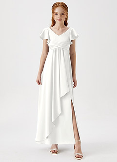Azazie Omari Junior White A-Line Pleated Stretch Satin Dress image4