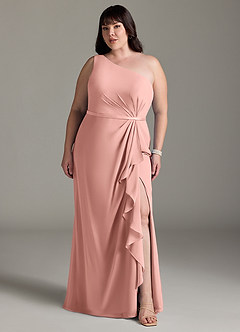 Azazie Liza Vestidos de damas de honor Vestido de Rosetón de Gasa de Corte Sirena con Hombro unilateral image6
