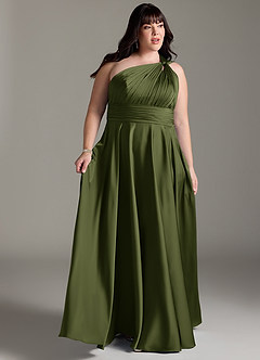 Azazie Charlize Bridesmaid Dresses Olive A-Line One Shoulder Stretch Satin Dress image11