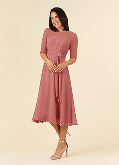 Azazie Naomi Abiti per la Madre della Sposa Abito A-Line in Chiffon Plissettato con Scollo a Barca Rosa Antica image3