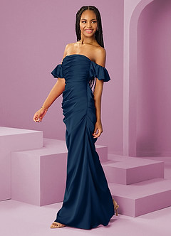 Barbie ♥ Azazie Bridesmaid Dresses Dark Navy Sheath Off the Shoulder Stretch Satin Convertible Dress image4