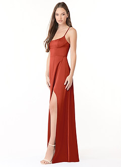 Azazie Halsey Final Sale Rust A-Line Side Slit Stretch Satin Dress image4