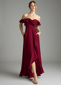 Azazie Lyra Bridesmaid Dresses Burgundy A-Line Off the Shoulder Stretch Satin Convertible Dress image6
