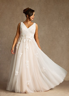 Azazie Alemia Wedding Dresses Diamond White Nude A-Line Lace Tulle Dress image8