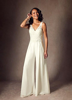Azazie Florine Wedding Dresses Cream Pant Styles V-Neck Lace Chiffon Dress image1