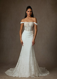 Azazie Idalis Wedding Dresses Diamond White Nude Mermaid Lace Dress image4