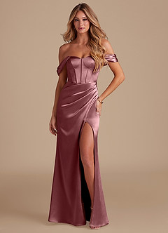Azazie Asha Jurken voor bruidsmeisjes Jurk van Metaalachtig Satijn met Kolom Off the Shoulder Vintage Mauve image1