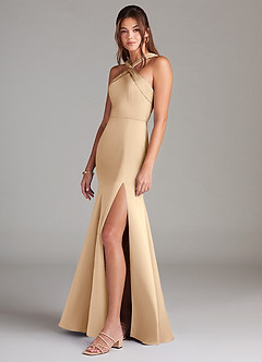 Azazie Rue Bridesmaid Dresses Champagne A-Line Pleated Stretch Satin Dress image5