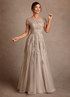 Azazie Jalinda Mother of the Bride Dresses Taupe A-Line Lace Chiffon Dress image3