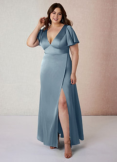 Azazie Lani Bridesmaid Dresses Dusty Blue A-Line Flounce Sleeve Stretch Satin Dress image7
