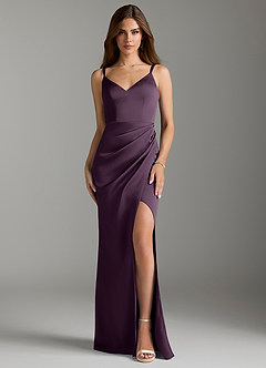 Azazie Leo Bridesmaid Dresses Plum Sheath Pleated Stretch Satin Dress image1