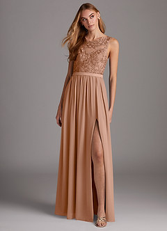 Azazie Elly Bridesmaid Dresses Champagne Rose A-Line Lace Scoop Neck Chiffon Dress image3
