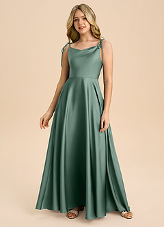 Azazie Popsy Junior Eucalyptus A-Line Bow Stretch Satin Dress image3