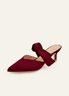 front Matching Color Stretch Satin Bow Pointed Toe Kitten Heel Mules