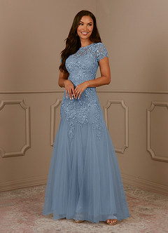 Azazie Laurie vestidos de madre de la novia Vestido de Azul Polvoriento de Tul de Sirena con Scoop Lentejuelas image4