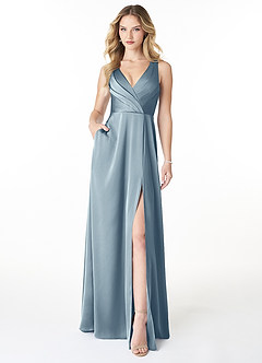 Azazie Nelly Vestidos de damas de honor Vestido de Azul Polvoriento de Satén Elástico de Corte en A con Cuello en V Plisado image1