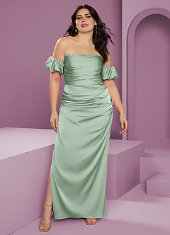 Barbie ♥ Azazie Jurken voor bruidsmeisjes Converteerbaar Jurk van Stretch Satijn met Kolom Off the Shoulder Agave image10