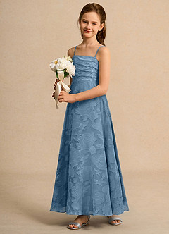 Azazie Pebbles Junior Formal Flower Girl Dresses Steel Blue A-Line Pleated Floral Burnout Dress image5