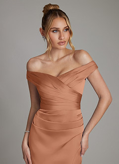 Azazie Teyana Bridesmaid Dresses Bronzer Sheath Off the Shoulder Stretch Satin Dress image2
