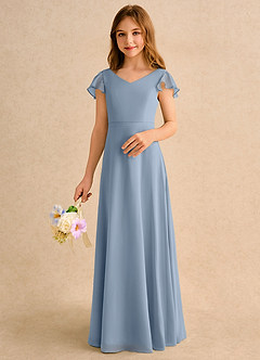 Azazie Nari Junior Formal vestidos de niña de las flores Vestido de Azul Polvoriento de Gasa de Corte en A con Con mangas image4