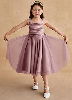 Azazie Gabbie Blumenmädchenkleider A-Linie Plissee Matte Satin Kleid Altrosa image3