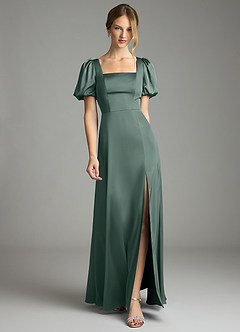 Azazie Fyona Bridesmaid Dresses Sea Moss A-Line Pleated Stretch Satin Dress image1