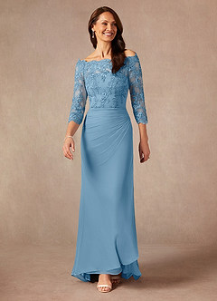 Azazie Rhonda Mother of the Bride Dresses Steel Blue Mermaid Off the Shoulder Mesh Dress image3