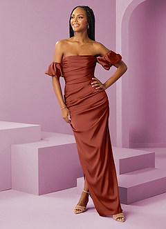 Barbie ♥ Azazie Robes de demoiselle d'honneur Robe Fourreau Convertible en Satin extensible Épaule décolletée Terracotta image3