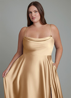 Azazie Elle Bridesmaid Dresses Champagne A-Line Pleated Stretch Satin Dress image10