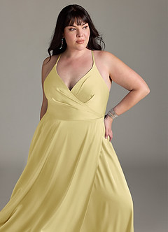 Azazie Davis Bridesmaid Dresses Lemon Sorbet A-Line Pleated Stretch Satin Dress image11