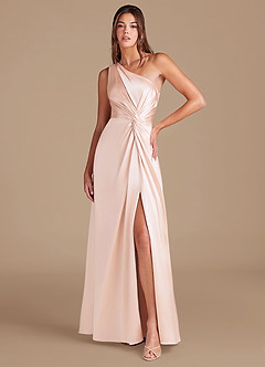 Azazie Brooke Bridesmaid Dresses Rose Gold A-Line One Shoulder Metallic Satin Dress image1