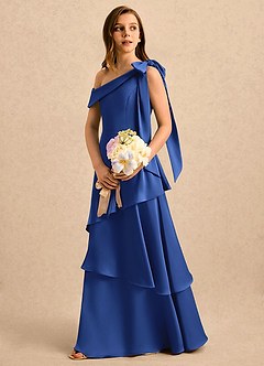 Azazie Shyloh Girls Formal Flower Girl Dresses Royal Blue A-Line Off the Shoulder Stretch Satin Dress image3