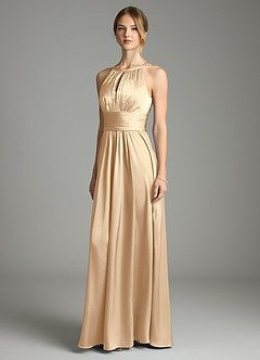 Azazie Bonnie Bridesmaid Dresses Champagne A-Line Pleated Stretch Satin Dress image1