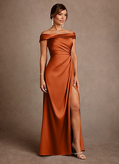 Azazie Bedford Abiti per la Madre della Sposa Abito Tubino in Raso Elasticizzato Plissettato Arancia Bruciata image4