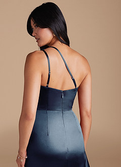Azazie Latrice Jurken voor bruidsmeisjes Jurk van Metaalachtig Satijn met Kolom One-Shoulder Donkere Marine image4