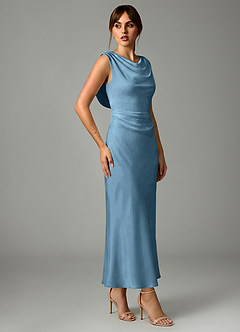 Azazie Kieryn Bridesmaid Dresses Steel Blue Mermaid Pleated Stretch Satin Dress image4