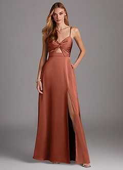 Azazie Jenna Bridesmaid Dresses Clay A-Line Pleated Stretch Satin Dress image2