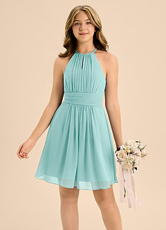 Azazie Bonnie Junior Aqua A-Line Pleated Chiffon Dress image3