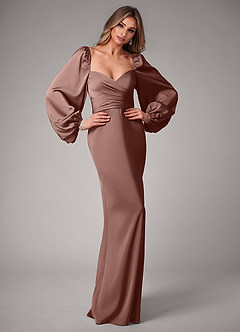 Azazie Sonata Bridesmaid Dresses Espresso Sheath Long Sleeve Stretch Satin Convertible Dress image5