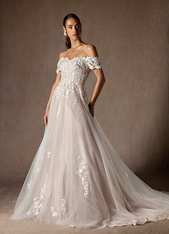 Azazie Rowe Wedding Dresses Diamond White Caramel Ball-Gown Off the Shoulder Tulle Dress image5