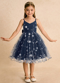 Azazie Junebug Flower Girl Dresses Dark Navy Ball-Gown Spaghetti Strap Tulle Dress image3