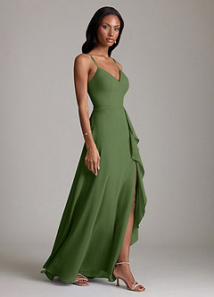 Azazie Naeem Bridesmaid Dresses Olive A-Line V-Neck Ruffle Chiffon Dress image4